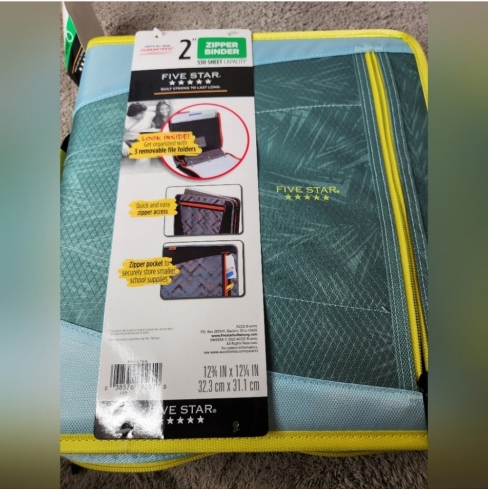 Five Star Multi Pocket 2" Zipper Binder Yellow & Green 530 Sheet Capacity